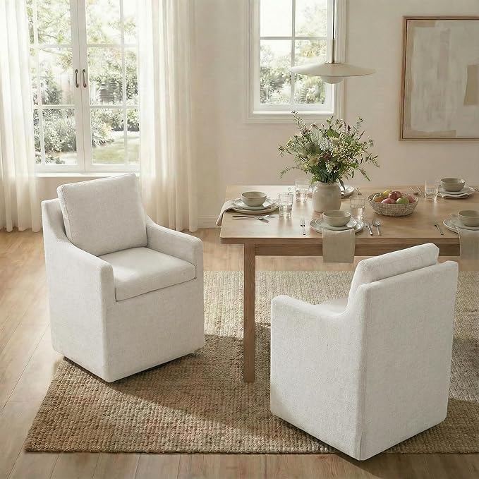 Upholstered Dining Chairs Set of 4, Modern Dining Room Chairs with Casters & Washable Cover, Rolling Accent Chair with Hidden Storage for Kitchen, Farmhouse, Living Room, Linen Fabric, 4 Box