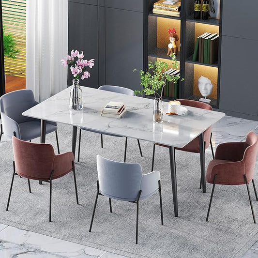 63" Modern Dining Table, Sintered Stone Kitchen Table for 4-6 peoples, White Sintered Stone Dining Tabletop with Metal Legs, Fax Marble Dining Table for Dining Room, Backyard Heat Resistant(63"x31.5")