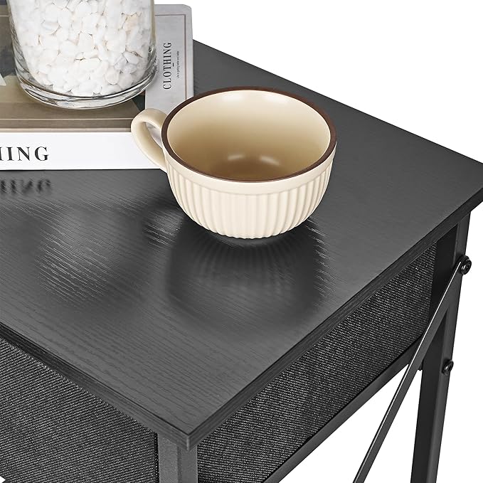 VECELO Nightstand Set of 2, X-Design End Side Table with Fabric Storage Drawer and Open Shelf, Bedside Night Stand with Steel Frame for Bedroom, Living Room,Dorm, Easy Assembly,Classic Black