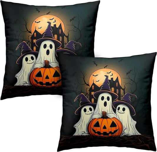 Set of 2 Halloween Pillow Covers 22x22 Ghost Throw Pillow Covers Full Moon Night Castle Bat Pillow Case Jack-O-Lantern Cushion Case for Holiday Party Decor Couch Sofa