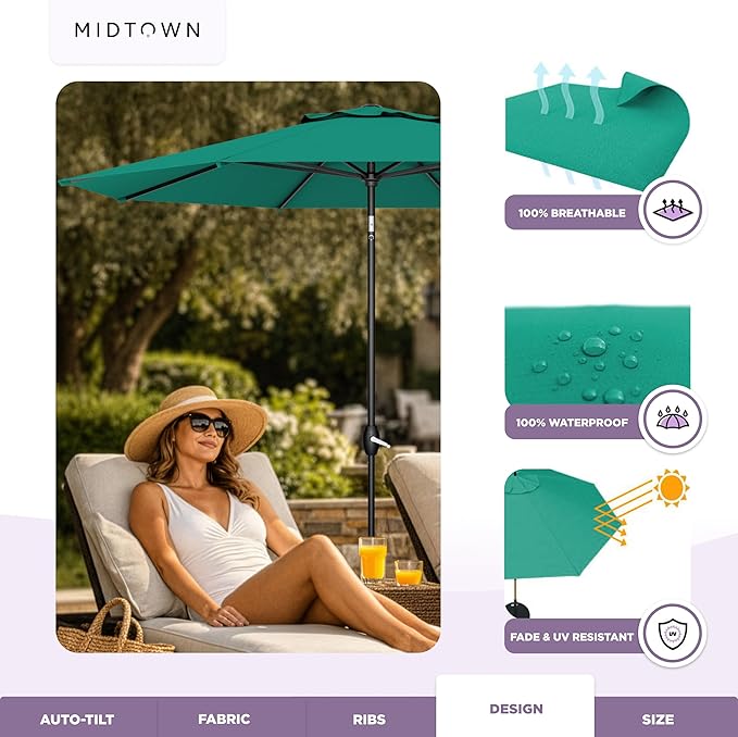 Midtown Umbrellas - The Lean 8 Ft Patio Umbrella with Fade-Resistant Sunbrella Fabric, Auto-Tilt Aluminum Frame and 8 Reinforced Ribs for Deck, Pool & Garden - Canvas Teal Canopy, Black Pole
