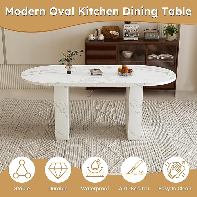 KEIKI 63" Oval Dining Room Table, Modern Farmhouse Dining Table for 6, Kitchen Table with Marble Top and Sturdy Wood Metal Base, Scratch Resistant Surface, White Marble