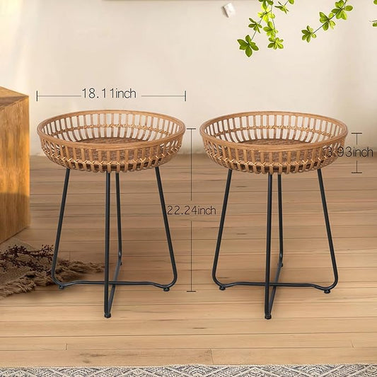 Oakrain Rattan End Table, Nesting Tables, Set of 2, Bamboo, Round, Metal Base, for Boho Living Room, Sofa, Bedroom, Terrace (18.11inch, Set of 2)