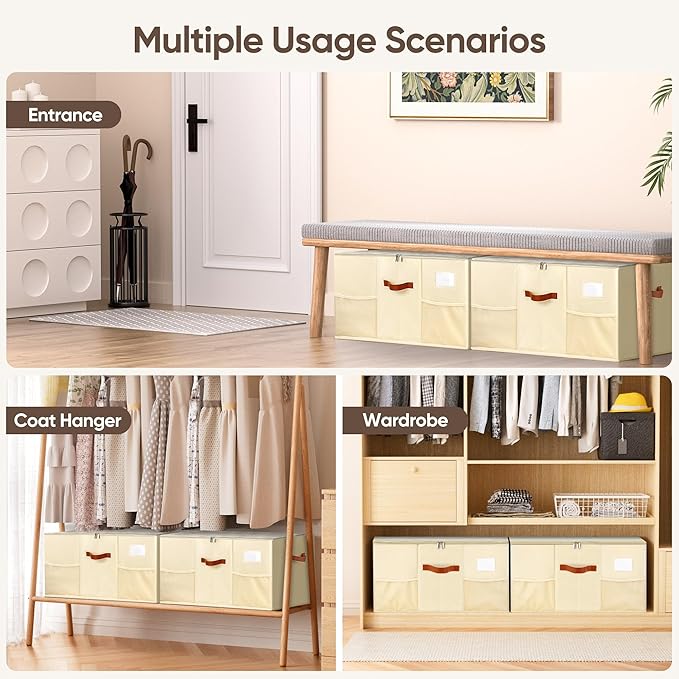 Shoe Organizer for Closet, 1 Pack Shoe Storage Container with Adjustable Dividers, Space Saving Shoe Box Storage Organizer Bin with Clear Lid and 4 Handles, Fits 12-24 Pairs, Beige