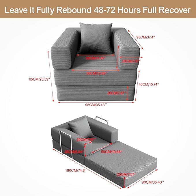 BSHOMGI 2-in-1 Floor Foldable Sofa Couch Convertible Sleeper Chaise Lounge Chair Indoor Portable Fold Out Futon Mattress with Back Support for Living Room,Bedroom (Gray, 35.43" Single Sofa)