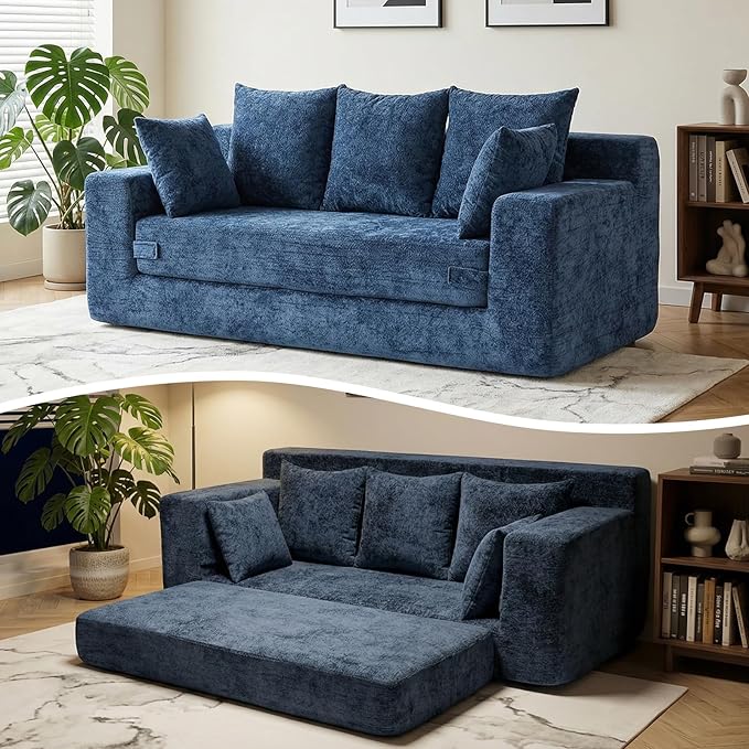 Boneless Couches 70", 3 Seater Boneless Couch with Pull Out Sofa Bed, Boneless Couch with 5 Pillows, Plush Velvet Sofa for Living Room & Bedroom, Blue