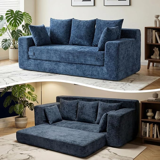 Boneless Couches 70", 3 Seater Boneless Couch with Pull Out Sofa Bed, Boneless Couch with 5 Pillows, Plush Velvet Sofa for Living Room & Bedroom, Blue