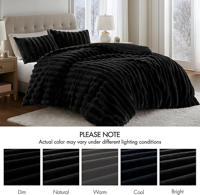Madison Park Jasmine King Comforter Set, Luxurious Reversible Faux Fur Plush Ribbed Velvet Bedding, Fuzzy Thick Warm Winter Comforter, Super Soft Fluffy 3-Piece Set Black