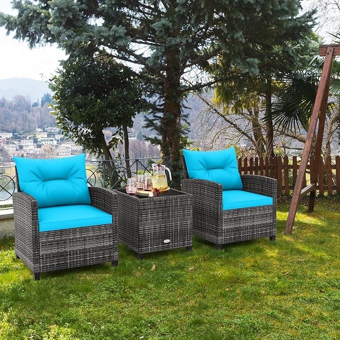 LDAILY Patio Furniture Set, 3 Pieces PE Rattan Wicker Patio Sofa Chairs with Washable Cushion & Glass Table, Outdoor Furniture Conversation Sets for Porch, Balcony, Garden, Poolside (Turquoise)