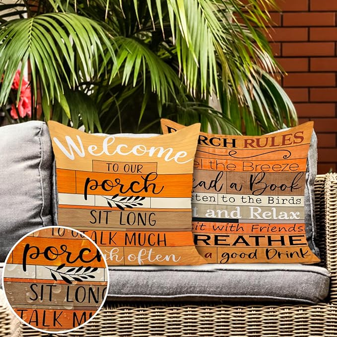 Jartinle Welcome to Our Porch Fall Outdoor Pillow Covers 18x18 Inch Set of 2 Waterproof Tiered Wood Texture Quotes Throw Pillow Covers for Patio Furniture Fall Decor