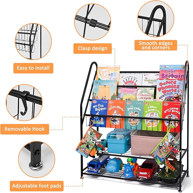 Bookshelf for Kids, Metal Kids Bookshelf, 5 Tier Kids Book Shelf and Toy Storage, Bookcase for Kids Room, Kids Book Storage for Bed Room Living Room (Large, Black)