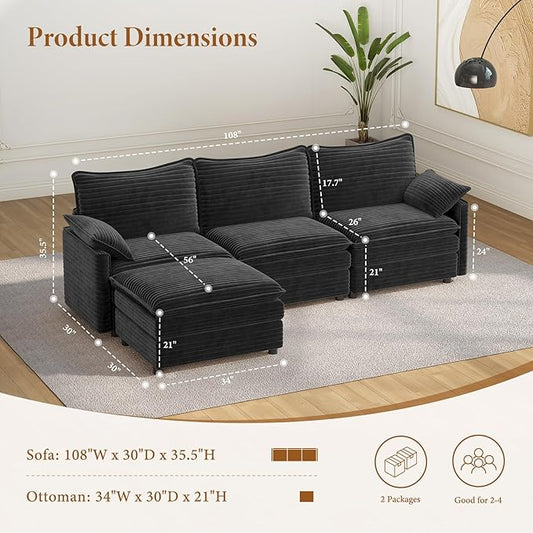 Vesgantti 108" Modular Sectional Sofa, Comfy Cloud Couch with Movable Ottoman Deep Seat Corduroy L Shaped Modular Sofa, Sectional Couches for Living Room, Bedroom and Apartment, Gray | Sink-in Comfort, Height Adjustable, Easy Rearrangement, Extra-deep ...