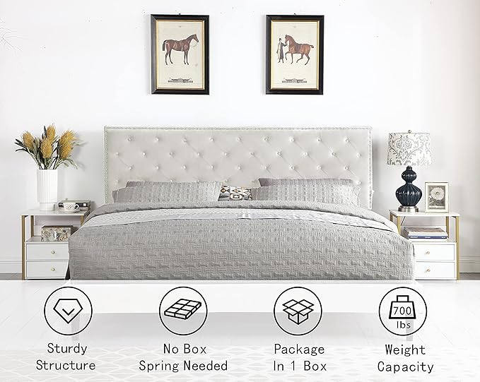 King Upholstered Platform Bed Frame with 48" Tall Adjustable Headboard - Button Tufted Suede Velour Bed- Wood Slat Support with Storage Space- No Box Spring Needed - Beige - OLIVER & SMITH - Princeton