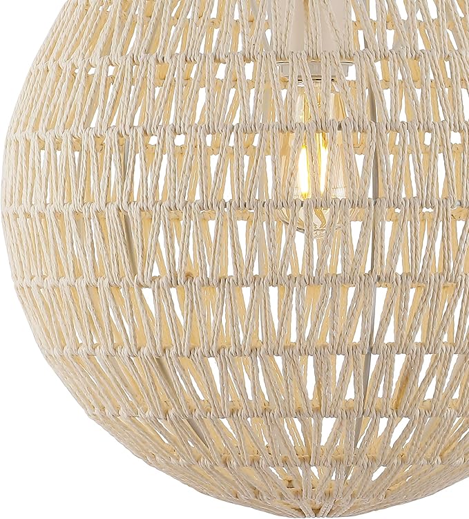 JONATHAN Y 15.75" Cream/White 1-Light Modern Bohemian Woven LED Pendant Light, Adjustable Hanging Ceiling Lamp for Kitchen Island Dining Room, Paper Wicker Shade, Bulb Included (JYL6503B)