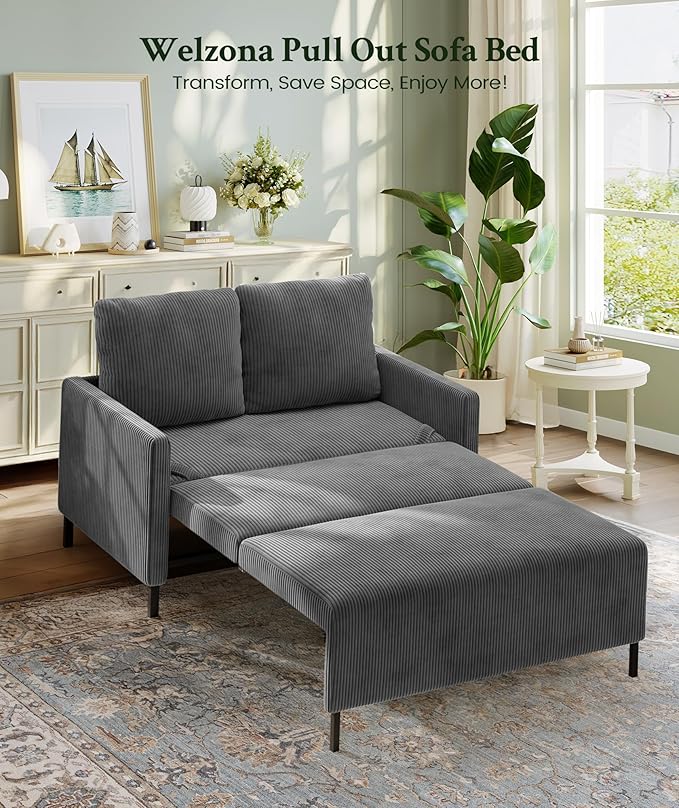 Welzona 47.2" Convertible Sofa Bed Couch, Comfy Corduroy Couch Bed, All in 1 Loveseat Sleeper Sofa, Love Seat Sleeper Bed 2 Pillows, Modern Couches for Living Room/Apartment/Home/Office, Classic Grey