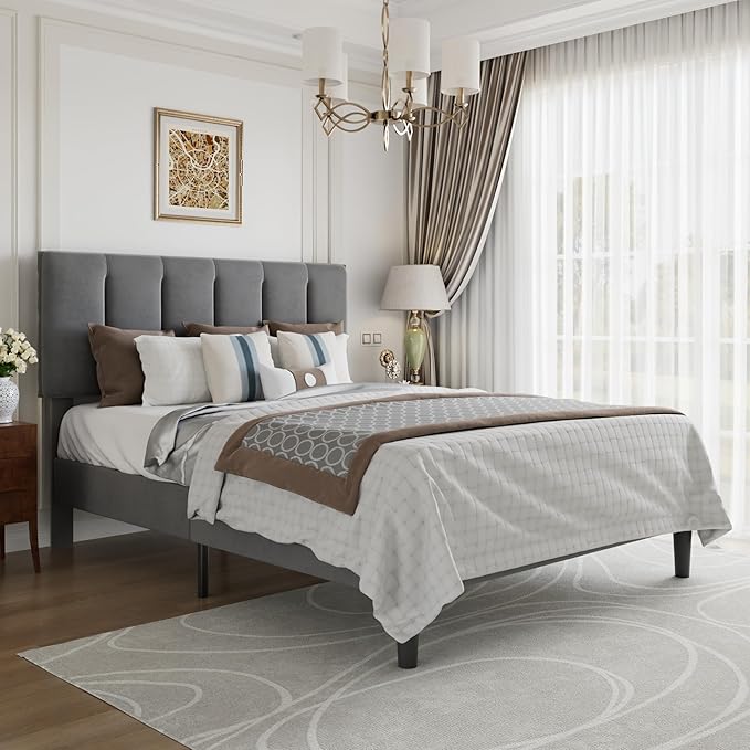 VECELO Full Size Bed Frame with Upholstered Headboard, Platform Bedframe with Strong Wooden Slats Support, No Boxing Spring Needed, Dark Grey