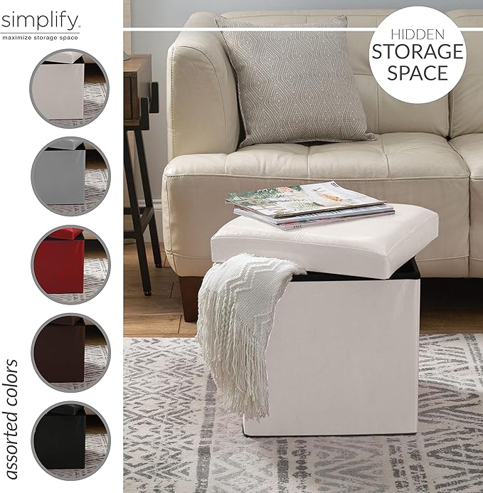 Simplify Faux Leather Folding Storage Ottoman | Single | Collapsible | Tufted Padded Seating | Foot Rest | Bench | Toy Box | Ivory