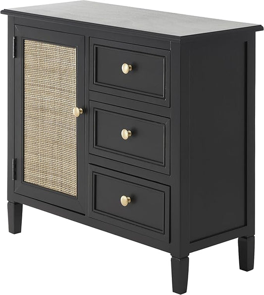 Deco 79 Wood Handmade Room Cabinet 3 Drawers and 1 Door Storage Cabinet with Rattan Front, Accent Cabinet 30" x 13" x 26", Black