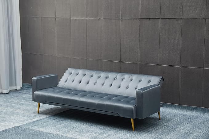 Eafurn Convertible Futon Sofa Bed, 75″Velvet Fabric Futons Loveseat Couch with Adjustable Backrest, Folding Sleeper Recliner Daybed for Living Room Furniture | Golden Legs, Wood Frame