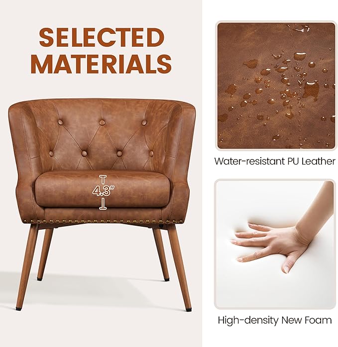 Yaheetech Modern Accent Chair, PU Leather Retro Armchair, Upholstered Barrel Chair with Metal Leg and Comfy Seat Cushion for Living Room Bedroom, Retro Brown