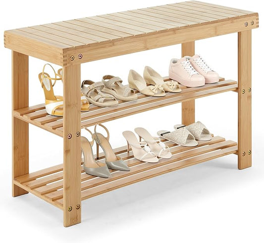 DUMOS Shoe Rack Bench, 3-Tier Bamboo Entryway Benches, Holds Up to 286 lb Storage Organizer, 11.3 x 27.6 x 17.8 Inches, Suitable for Bedroom Living Room Balcony, Classical Wood