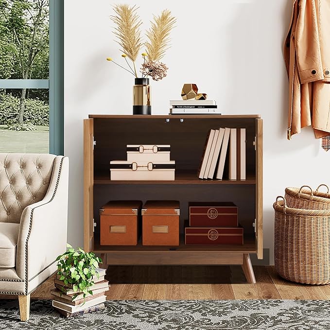 Set of 2 Fluted Storage Cabinet with 2 Doors and Adjustable Shelves, Mid Century Modern Credenza Sideboard Buffet Cabinet with Storage, Kitchen Sideboard for Dining Room Hallway Entryway - Walnut