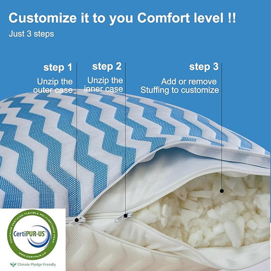 King Size Pillows - Adjustable Firm King Pillows for Back Stomach and Side Sleeper- Shredded Memory Foam Cooling Pillow for Neck and Shoulder Pain with Washable Cover and Bonus Foam Fill