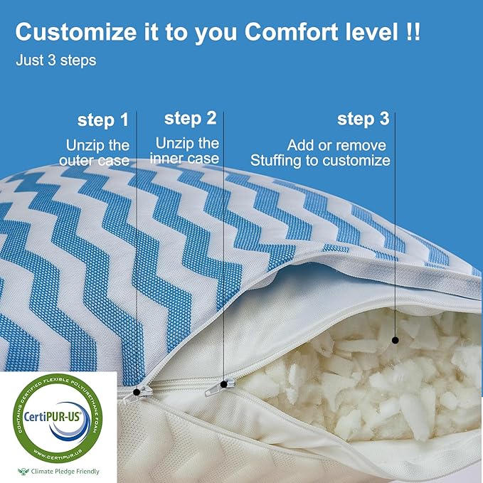 King Size Pillows Set of 2 - Bed Pillows for Sleeping - Adjustable Shredded Memory Foam Pillow for Back, Stomach and Side Sleeper
