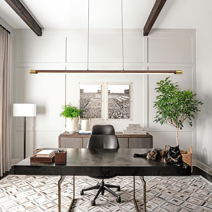 47.2" Wood Linear Pendant Light, Modern Dimmable LED Kitchen Island Lighting 3000K 20W Adjustable Hanging Chandelier for Dining Room Bar Office Walnut Color