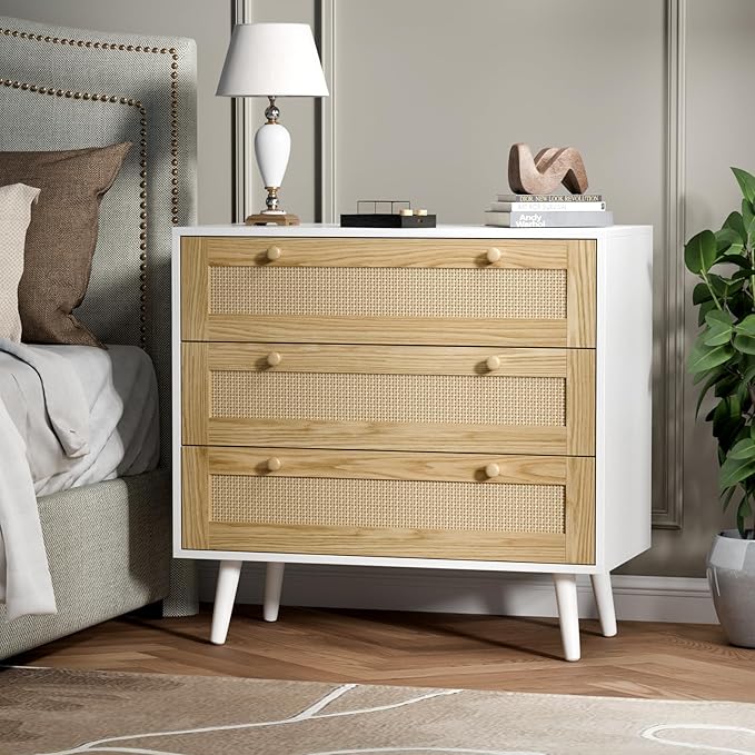 3 Drawer Rattan Dresser for Bedroom, Modern Wooden Dresser Chest with Handles for Bedroom, Hallway and Living Room, White