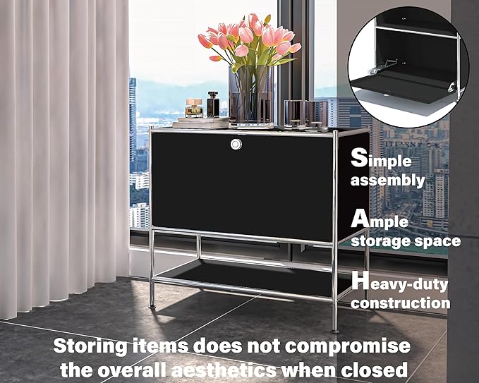 Metal Sidetable with Flap Door, 27.5" Height - DIY Modern Furnishing for Home, Office, Foyer, Bedroom - Night Stand, Book Shelf, Bookshelf, Cube Storage Organizer, Bedside Table (Black)