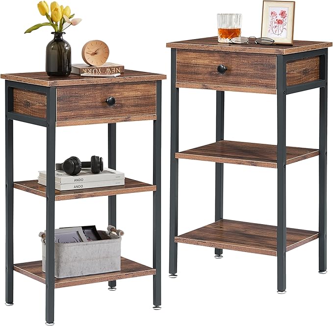 VECELO Tall End Side Tables,27 Inch Night Stand with 3 Tier Shelf for Living Room Bedroom,Small Spaces,Brown (Set of 2)