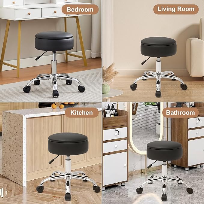 Adjustable Vanity Stool with Storage Rolling Vanity Chair with Wheels Swivel Vanity Stool Chair for Vanity Makeup Stool Black