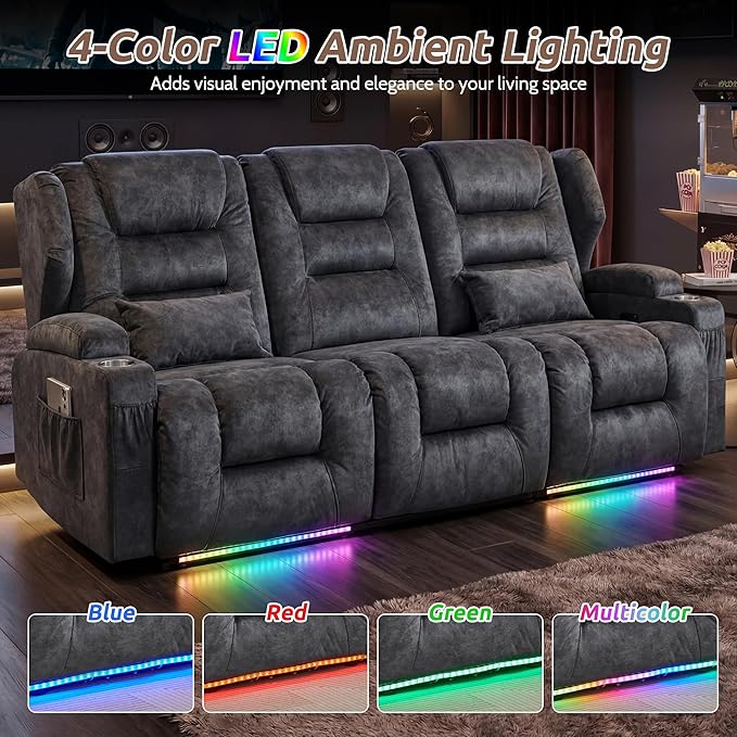 SAMERY Power Loveseat Recliner Sofa, Wall Hugger Reclining Loveseat Sofa, Movie Home Theater Seating with Flip-Backrest, Solid Wood Top, Ambient LED Lights, USB-C, Outlets, Velvet, Gray, 3 Seater | Extra Wide Seat, Plush Padding, Dual Power Recline, Fl...