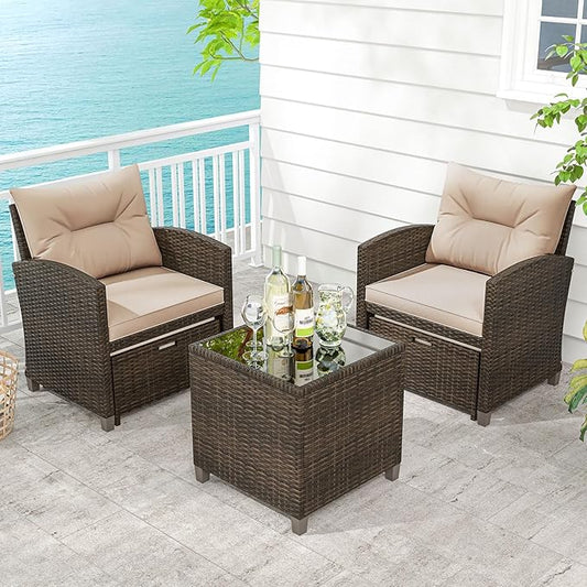 Tangkula 5 Pieces Patio Conversation Set, PE Wicker Rattan Outdoor Furniture Set with 2 Chairs, 2 Ottomans & Tempered Glass Coffee Table, Ideal for Poolside, Backyard, Lawn, Deck (Mix Brown & Beige)