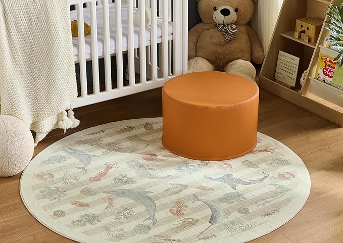 Large 22" Sturdy and Comfortable Ottoman Wipe-Clean Pouf Boho Geometric Design for Kids Toddler Playroom with Foam Filling as Seating Footrest Side Table College Dorm Décor PU Leather (Burnt Orange)