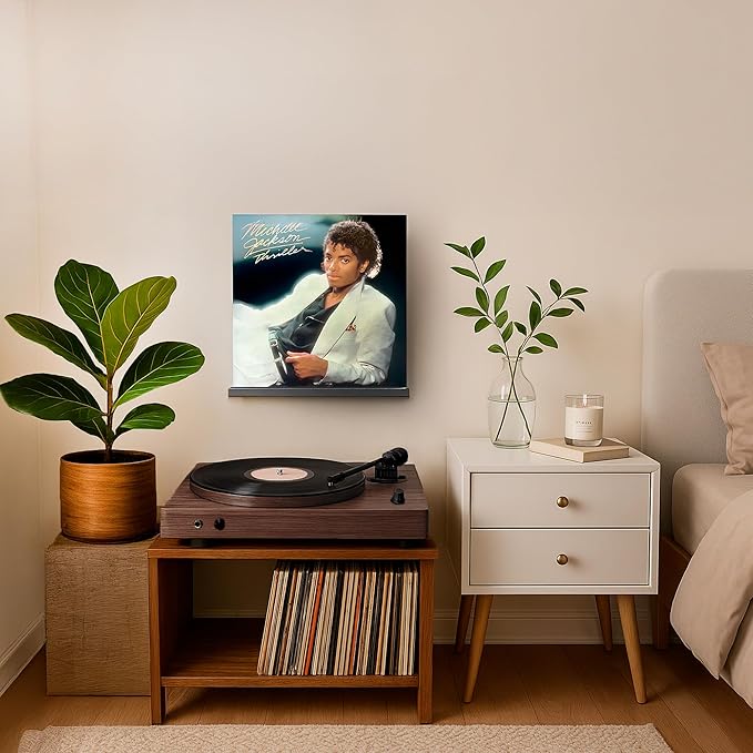 VOL-KI 4-Pack Vinyl Record Shelf Wall Mount – Solid NZ Pine Wood Floating Vinyl Display Shelf & Record Holder, Includes Now Playing Display, Marking Strip & Mini Level, record wall display (Black)