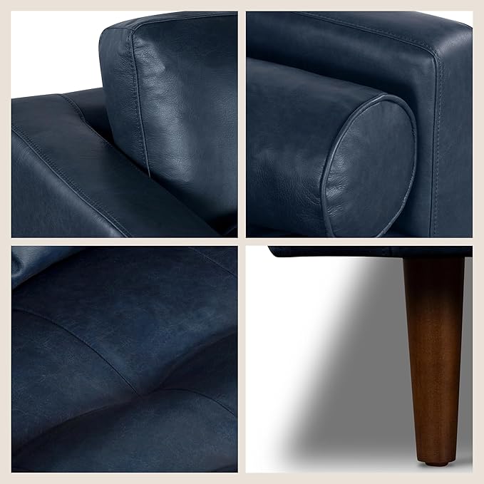 Poly & BARK Napa 72" Leather Sofa – Full-Grain Italian-Tanned Aniline Leather, Feather-Down Comfort, Solid Wood Frame, Walnut Legs, Midnight Blue