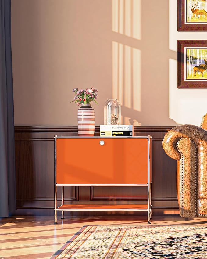 Metal Sidetable with Flap Door, 27.5" Height - DIY Modern Furnishing for Home, Office, Foyer, Bedroom - Night Stand, Book Shelf, Bookshelf, Cube Storage Organizer, Bedside Table (Orange)