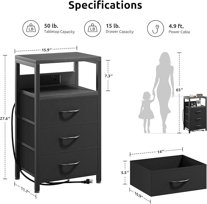 NightStand Bedside Charging Table Bedroom - Night Stand with Charger Station, Black Modern Bed Side End Table with Open Shelf & 3 Fabric Drawers, USB-C Port for Dorm, Living Room