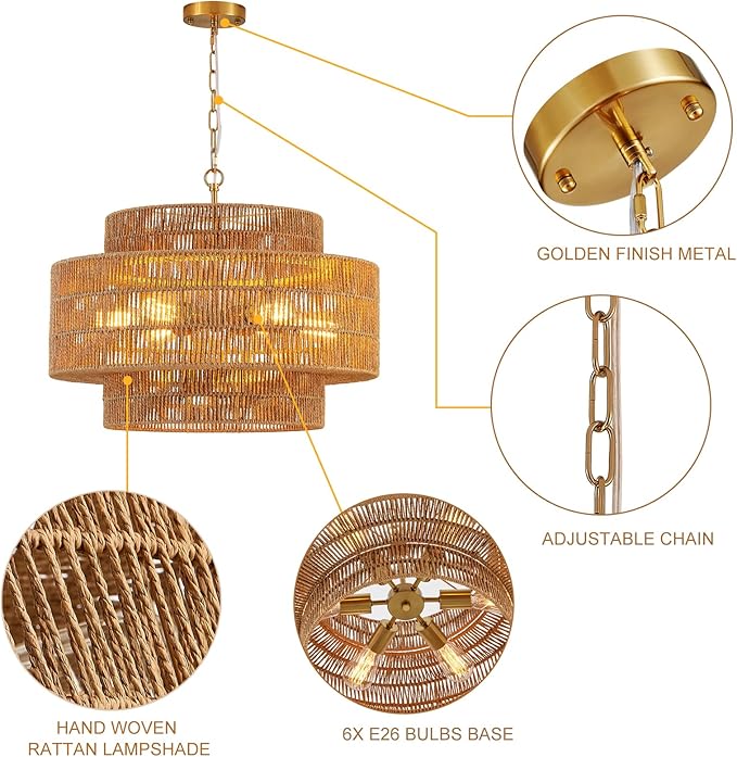 23.6" Rattan Chandelier Light Fixture 6-Light Vintage Farmhouse Hand-Woven Boho Bamboo Rattan Chandelier 3-Tier Drum Wicker Gold Chandeliers for Dining Room, Kitchen, Living Room