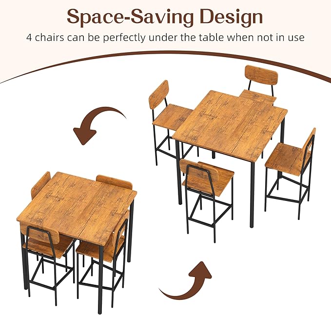 Kitchen Table and Chairs of 4, 5 Piece Dining Table Set, Sturdy Industrial Space Saving Dinette Set for Pub, Family Dinners, Apartment, Teak