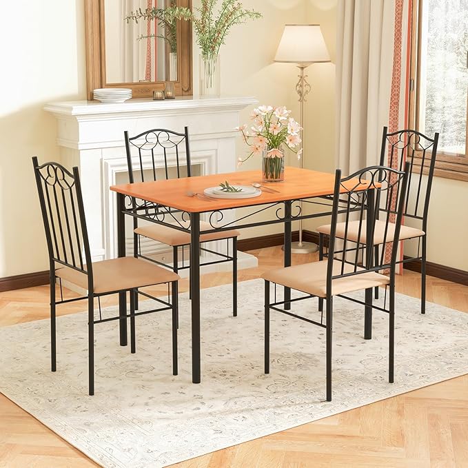 NAFORT 5-Piece Vintage Rectangular Table Set for 4, 4 Padded Chairs w/Metal Frame Wood Tabletop for Home Kitchen Dining Room Furniture Set for 4, Natural