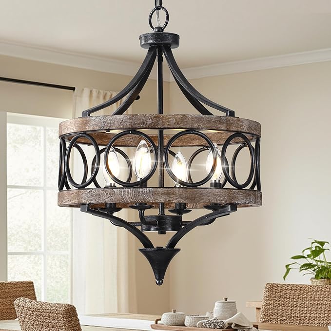 Farmhouse Chandelier for Dining Room, 15.7 Inch Hanging Round Light Fixture Over Table, 4-Light Wood Chandelier for Kitchen Island Dining Room Entryway