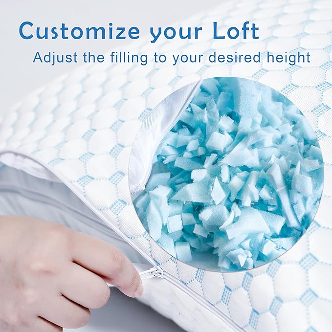 Premium Adjustable Shredded Memory Foam Pillow - Suitable for Side, Back, and Stomach Sleepers, with Cooling Fiber Machine Washable Cover (King（1 Count）)