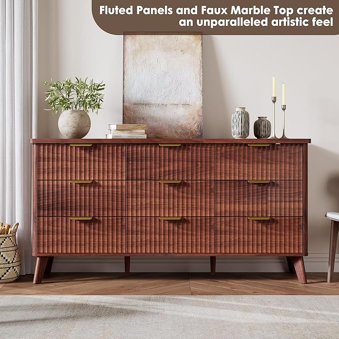 Garvee 9 Drawers Dresser for Bedroom, 60.6" Wide Dressers with Curved Profile Design, Fluted Wood Drawers with Gold Handle, Modern Chest of Dressers with Thickened Design for Living Room, Walnut