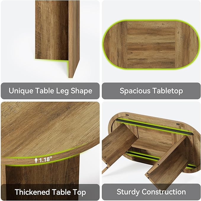 LITTLE TREE 63" Rustic Oval Dining Table for 2-4, Sturdy MDF Farmhouse Kitchen Table with Metal Strip Base, for Living Room, Office, Restaurant, Multi-Use, Umber