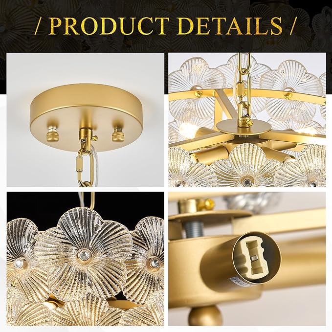 14" Clear Flower Glass Chandelier Elegant 4 Lights Modern Gold Pendant Lighting Fixture for Kitchen Island Dining Room Bedroom Entryway Hallway, G9