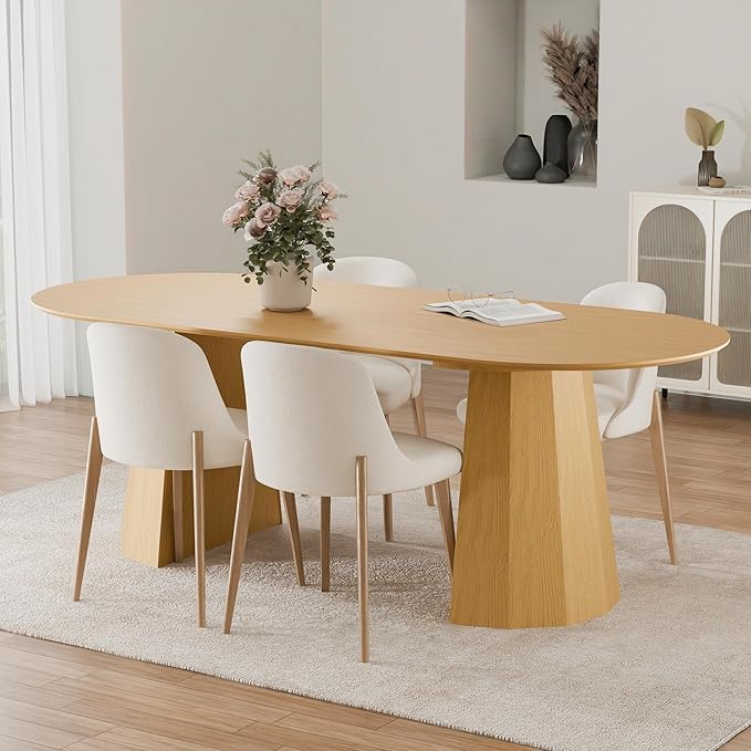 Casaphoria 79" Oval Dining Table, Modern Wood Kitchen Table with Cone Shaped Strip Polygonal Base for Living Room & Dining Room, Easy Assembly Farmhouse Furniture for 6-8, Oak