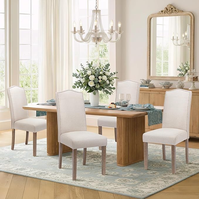 Upholstered Dining Chair Modern Stylish Parsons Kitchen Diner High Back with Silver Nailhead Trim & Wood Legs, Set of 4, Fabric Beige